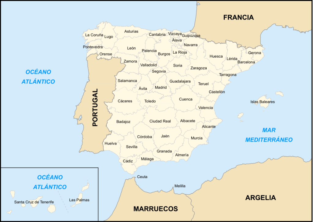 Mapa político de España por provincias. 
